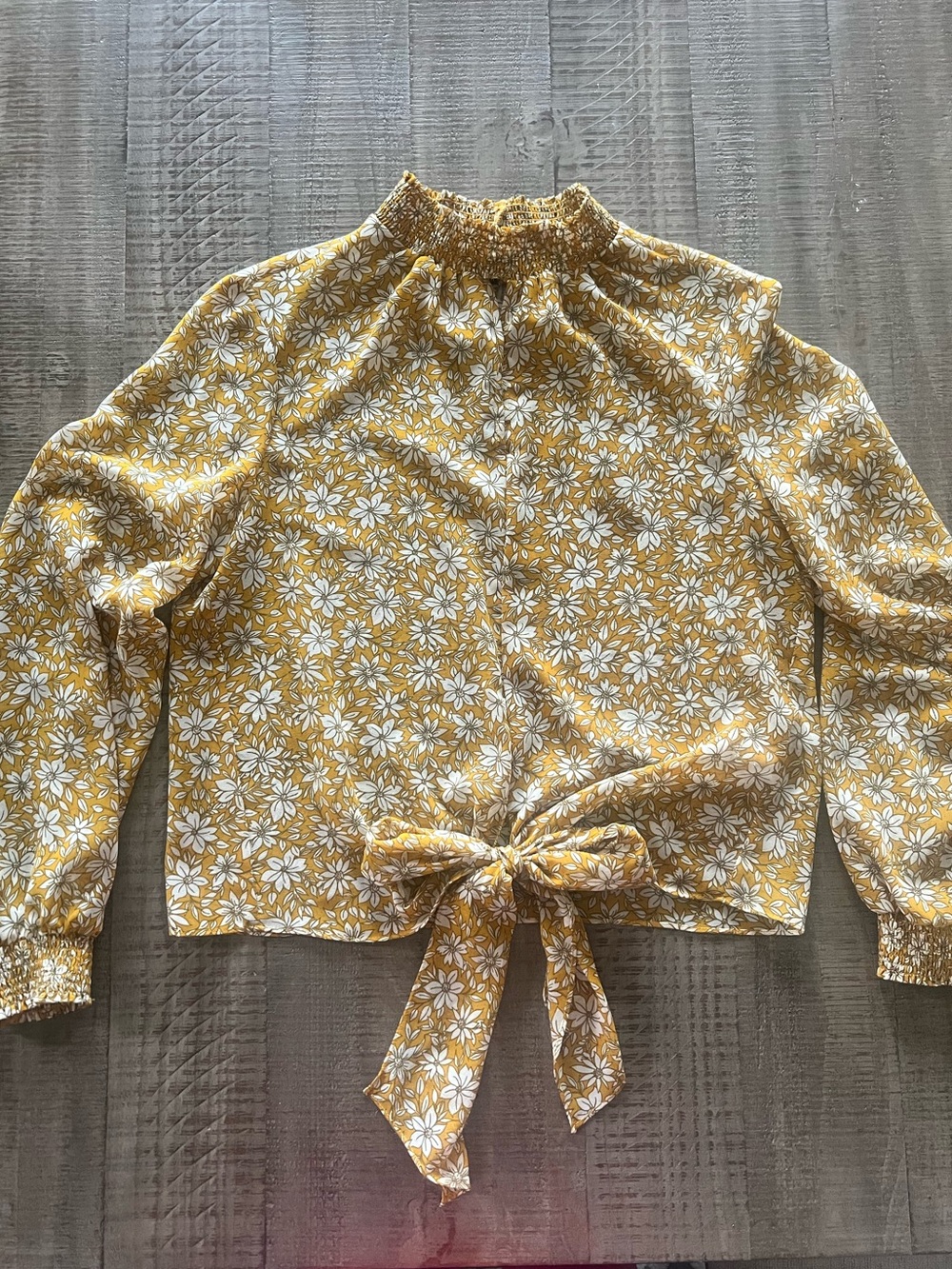 1. State Yellow Daisy Tie-Front Mock Neck Blouse